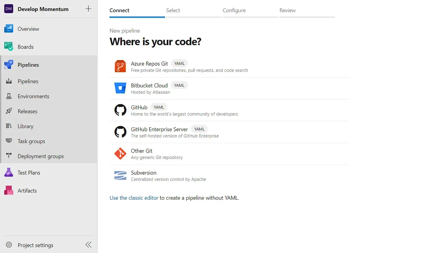 New pipeline button in Azure DevOps