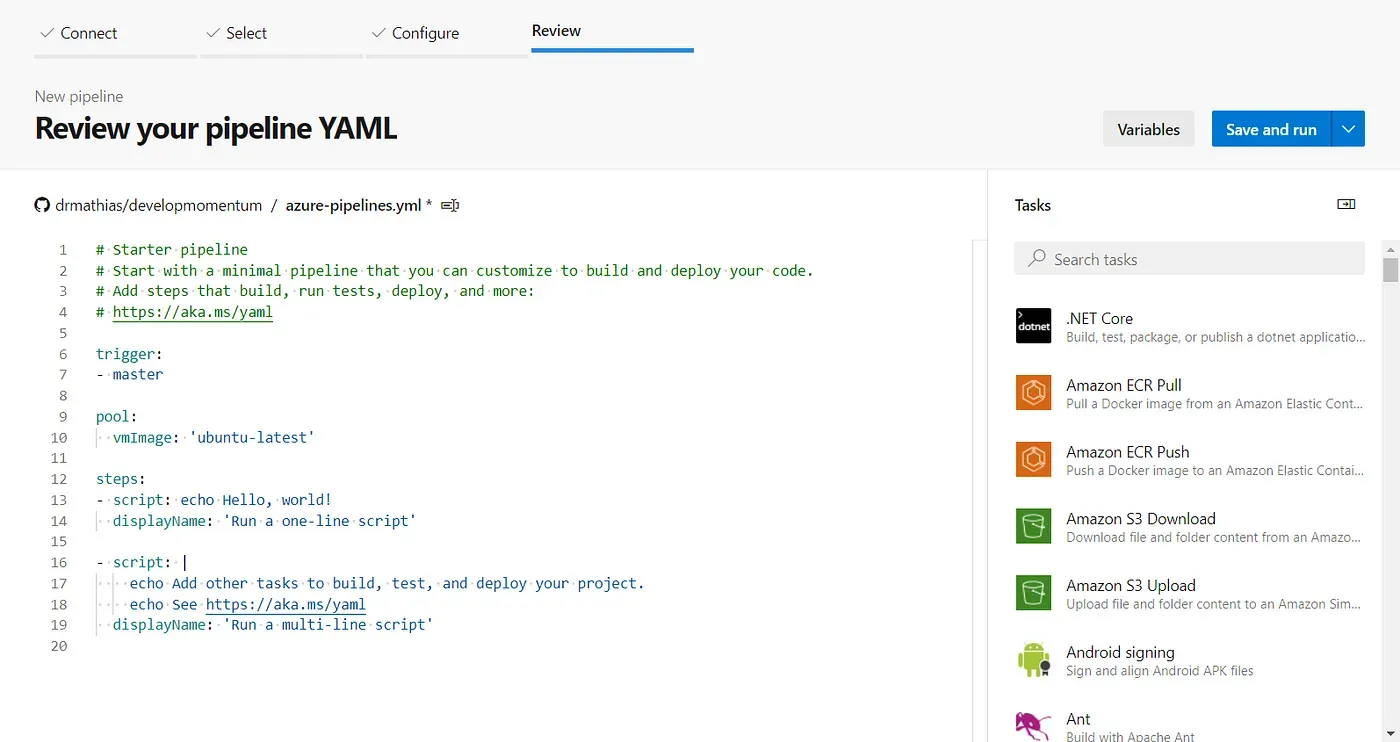 Azure DevOps pipeline editor with YAML and task assistant